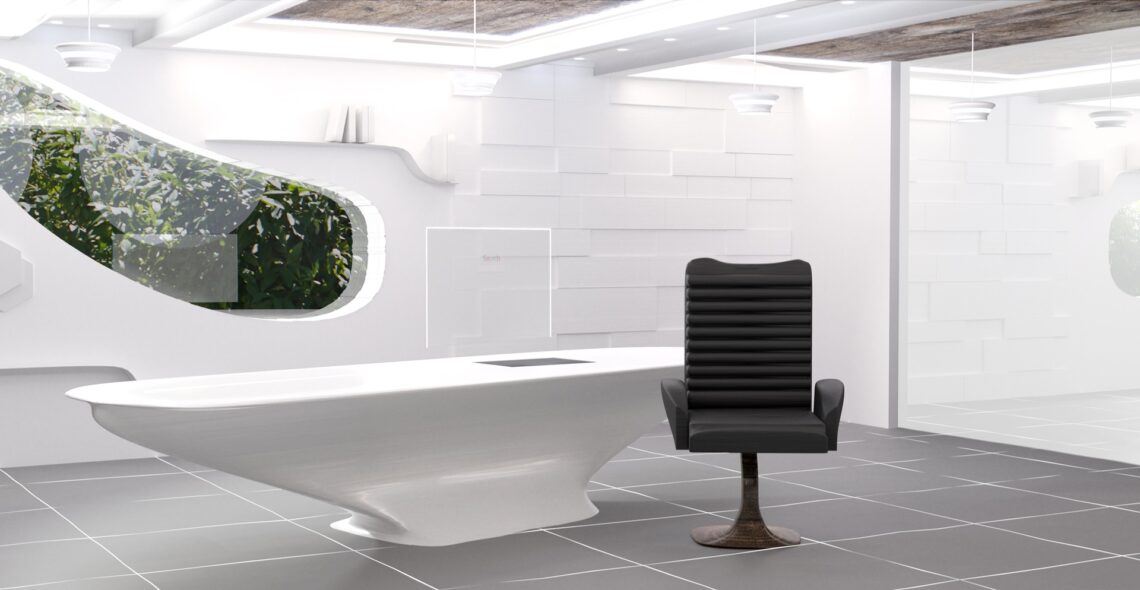 Moderner Büroarbeitsplatz mit futuristischem Design | Wickelfalzrohr