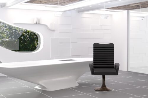 Moderner Büroarbeitsplatz mit futuristischem Design | Wickelfalzrohr