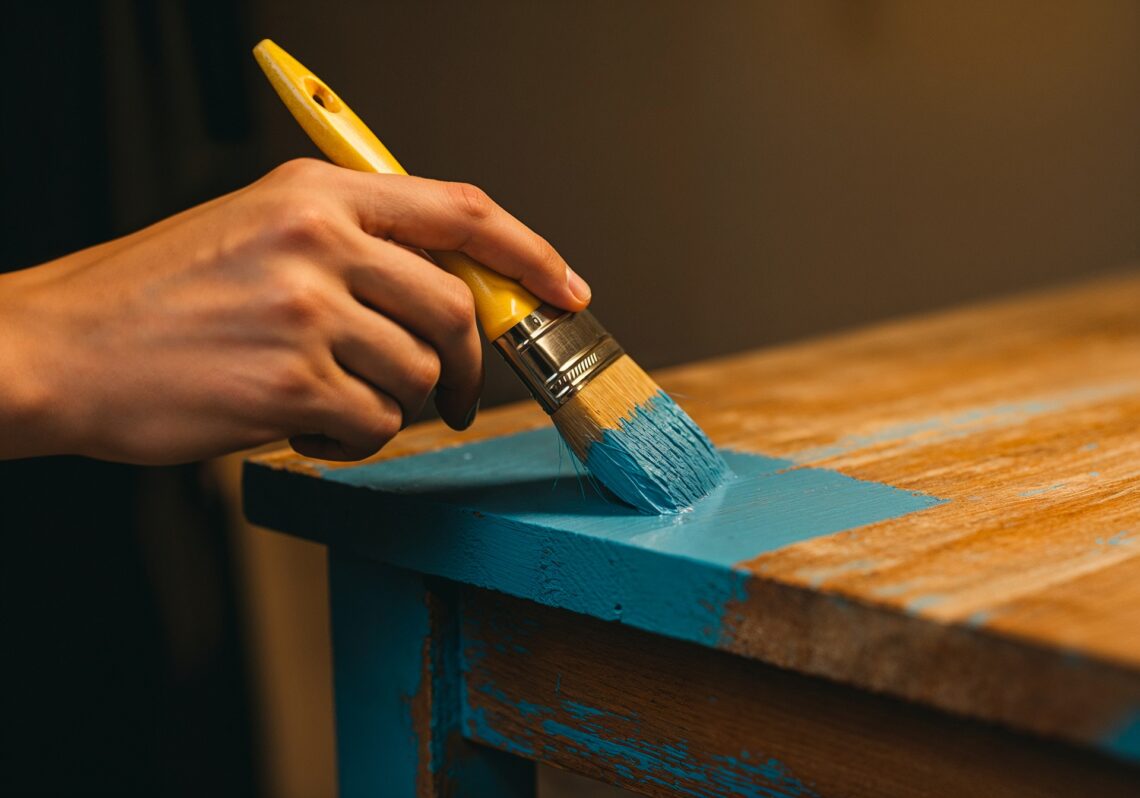Hand streicht altes Holzmöbel mit blauer Farbe | Schminktisch