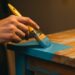 Hand streicht altes Holzmöbel mit blauer Farbe | Schminktisch